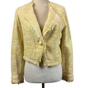 Cabi Daisy Tweed Yellow Raw Hem Blazer Jacket One Button Crop Medium Classy
